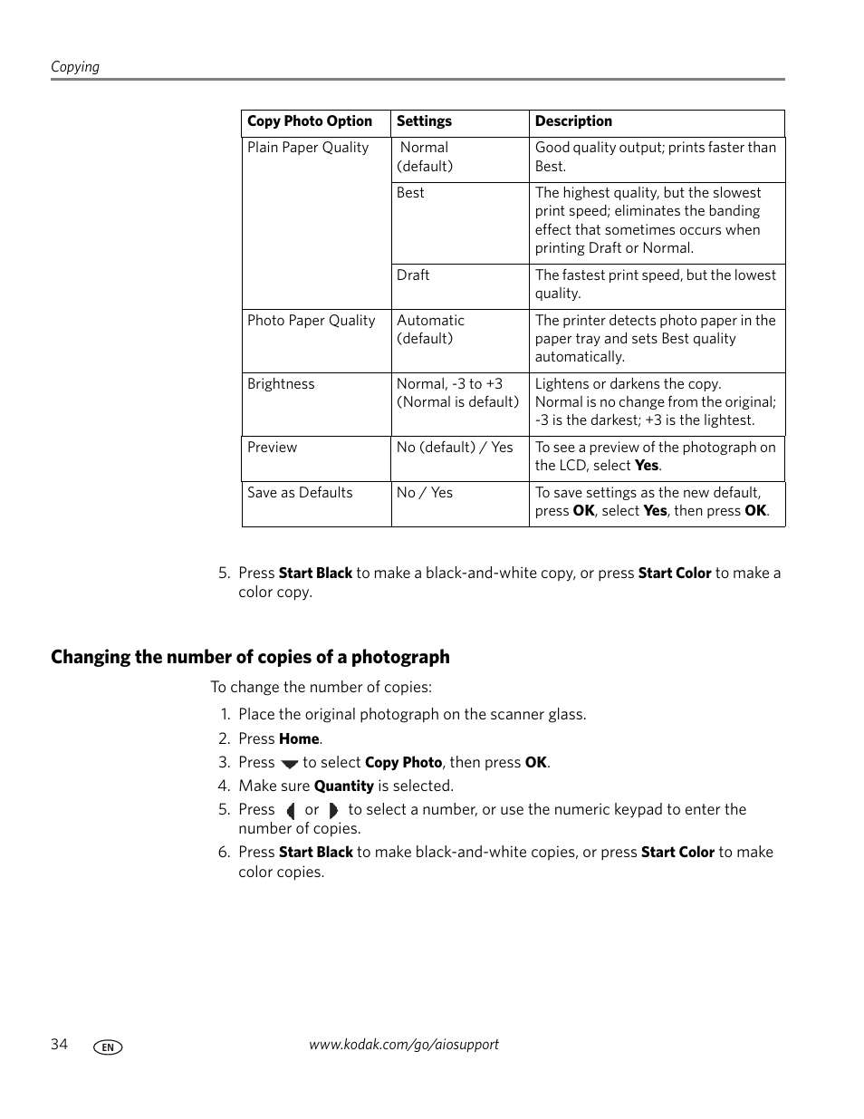 Changing the number of copies of a photograph, Save as defaults | Kodak ESP Office 6150 User Manual | Page 40 / 94