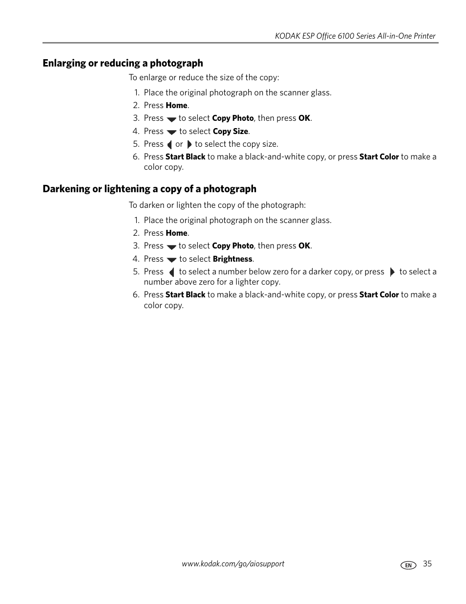 Enlarging or reducing a photograph, Darkening or lightening a copy of a photograph | Kodak ESP Office 6150 User Manual | Page 41 / 94