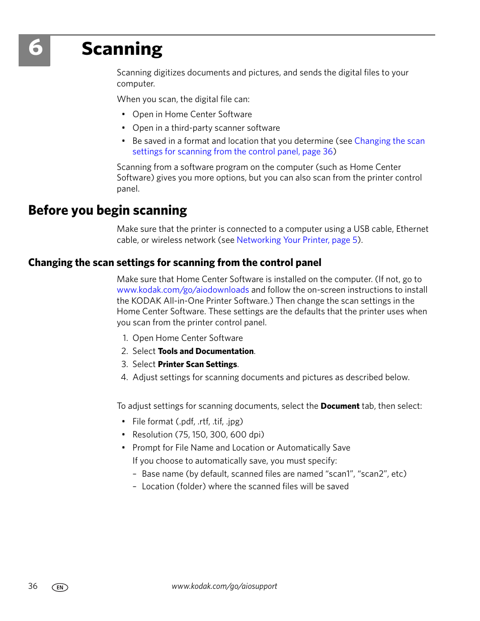 Scanning, Before you begin scanning, 6 scanning | Kodak ESP Office 6150 User Manual | Page 42 / 94