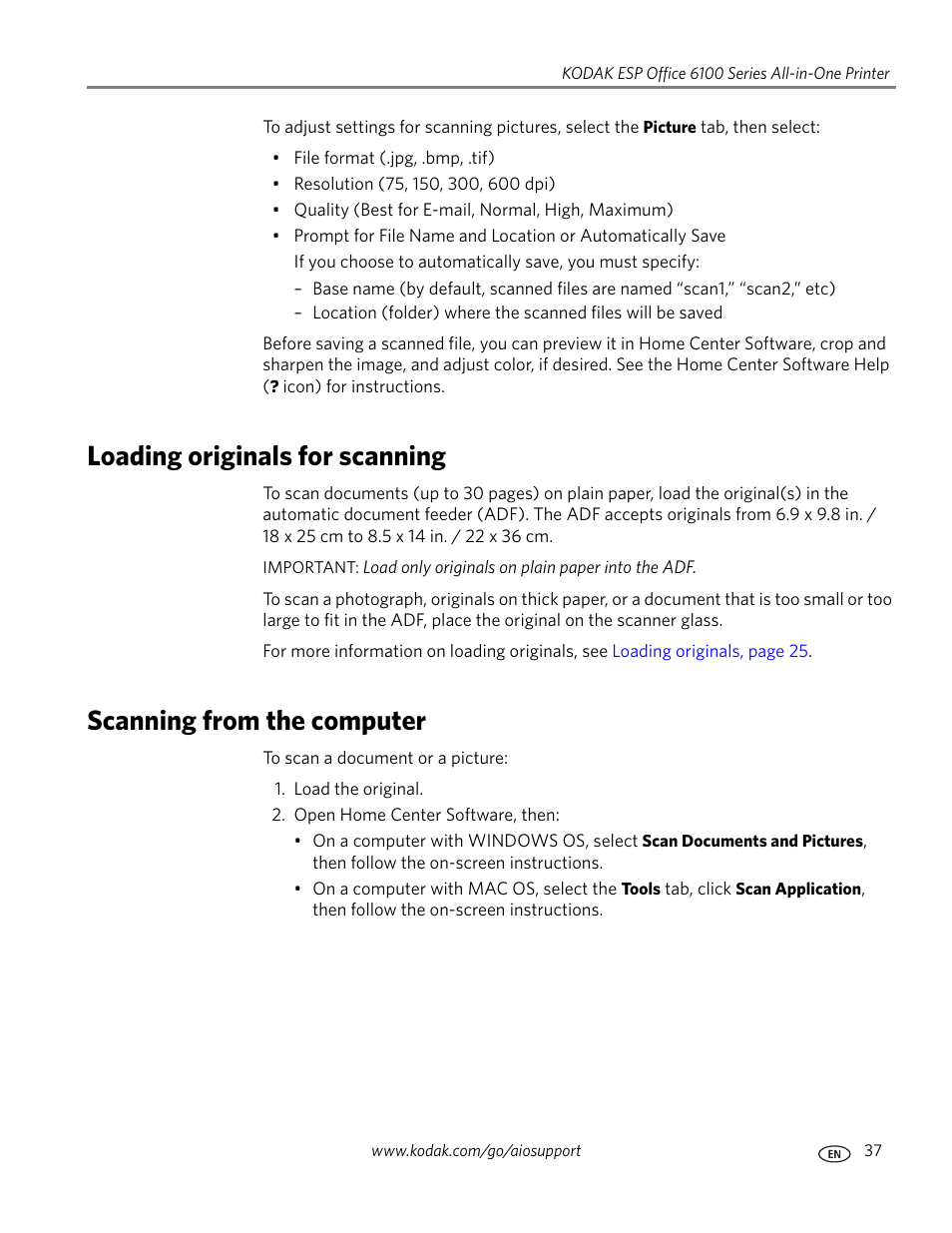 Loading originals for scanning, Scanning from the computer | Kodak ESP Office 6150 User Manual | Page 43 / 94