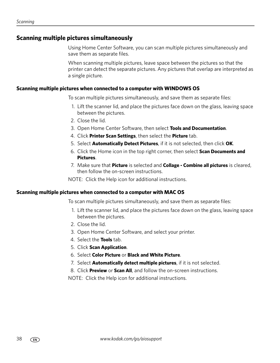 Scanning multiple pictures simultaneously | Kodak ESP Office 6150 User Manual | Page 44 / 94