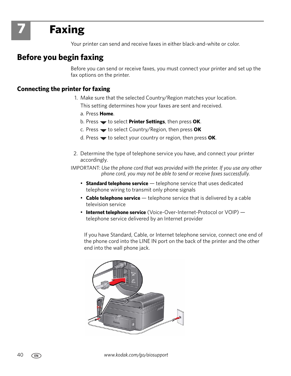 Faxing, Before you begin faxing, Connecting the printer for faxing | 7 faxing | Kodak ESP Office 6150 User Manual | Page 46 / 94