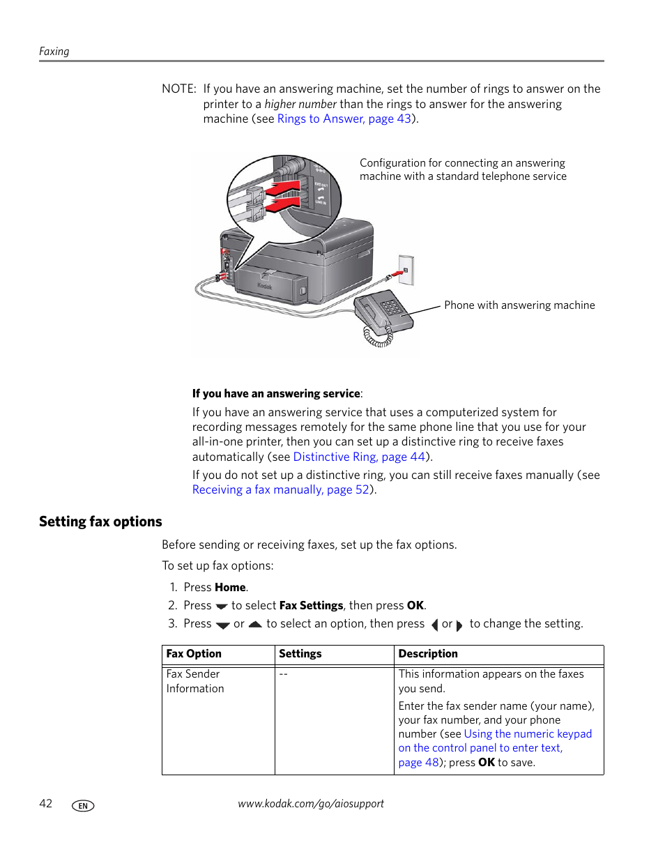 Setting fax options | Kodak ESP Office 6150 User Manual | Page 48 / 94