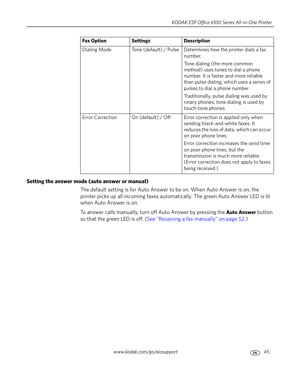 Setting the answer mode (auto answer or manual) | Kodak ESP Office 6150 User Manual | Page 51 / 94