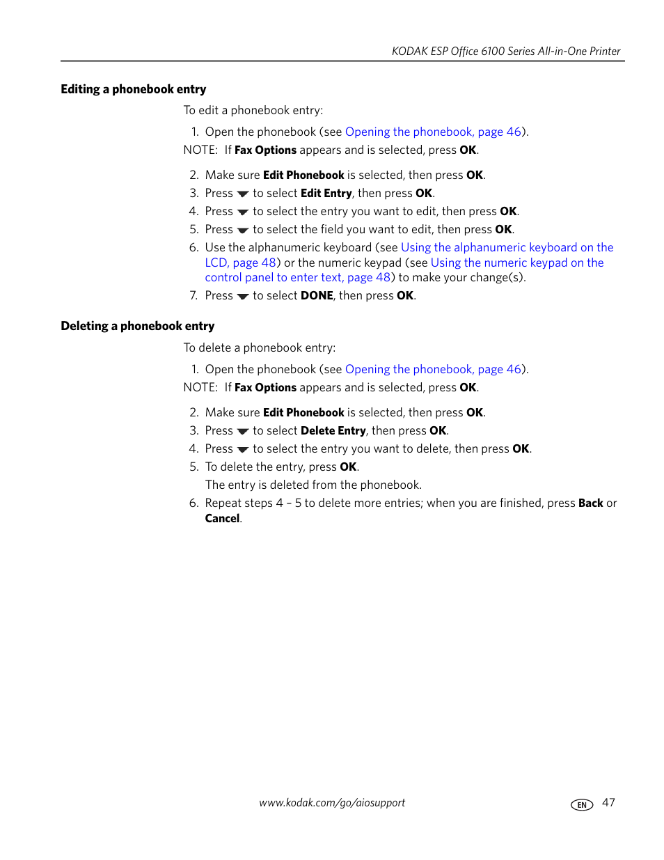 Editing a phonebook entry, Deleting a phonebook entry | Kodak ESP Office 6150 User Manual | Page 53 / 94