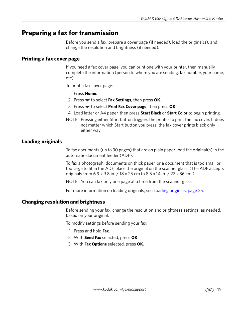 Preparing a fax for transmission, Loading originals, Changing resolution and brightness | Kodak ESP Office 6150 User Manual | Page 55 / 94