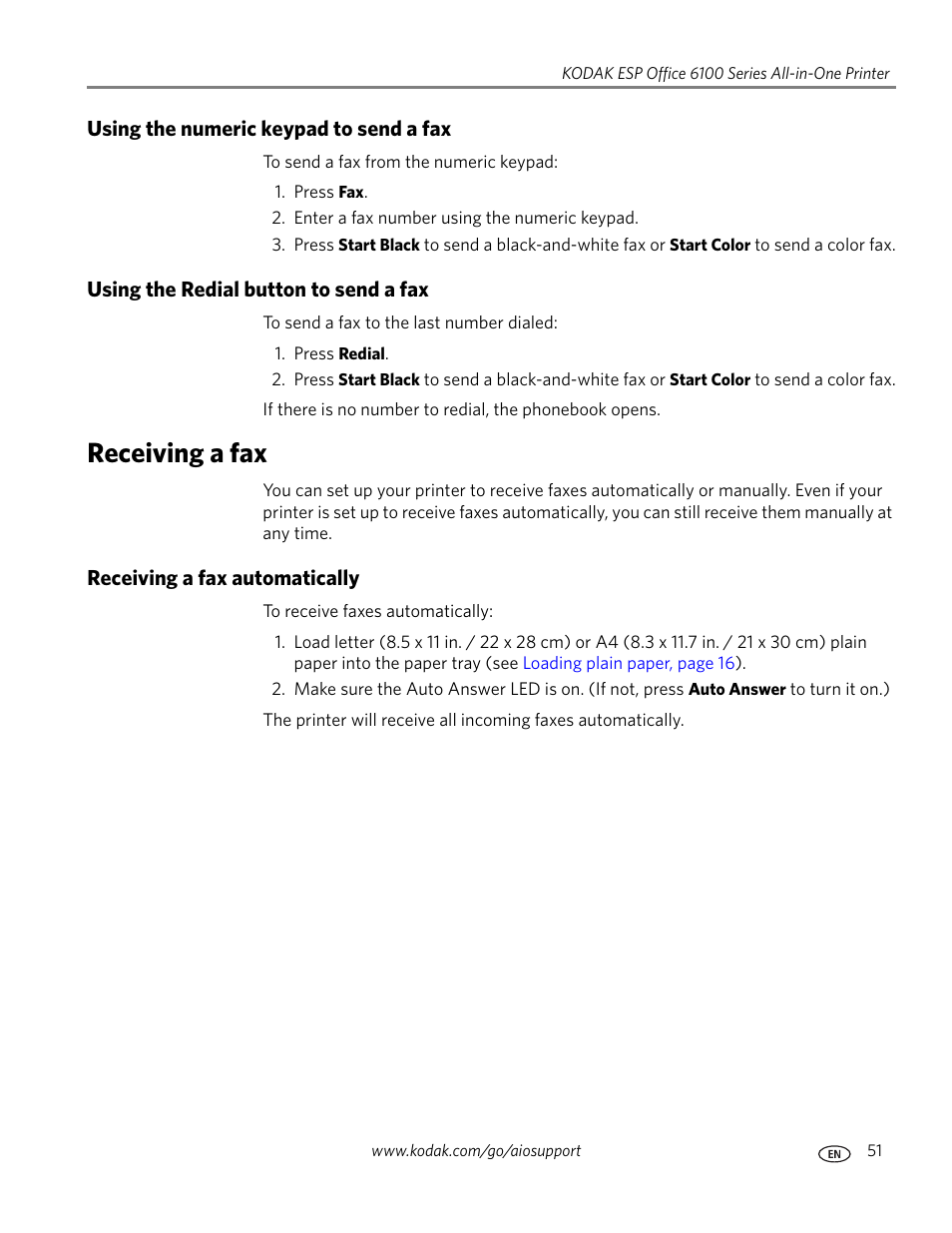 Using the numeric keypad to send a fax, Using the redial button to send a fax, Receiving a fax | Receiving a fax automatically | Kodak ESP Office 6150 User Manual | Page 57 / 94