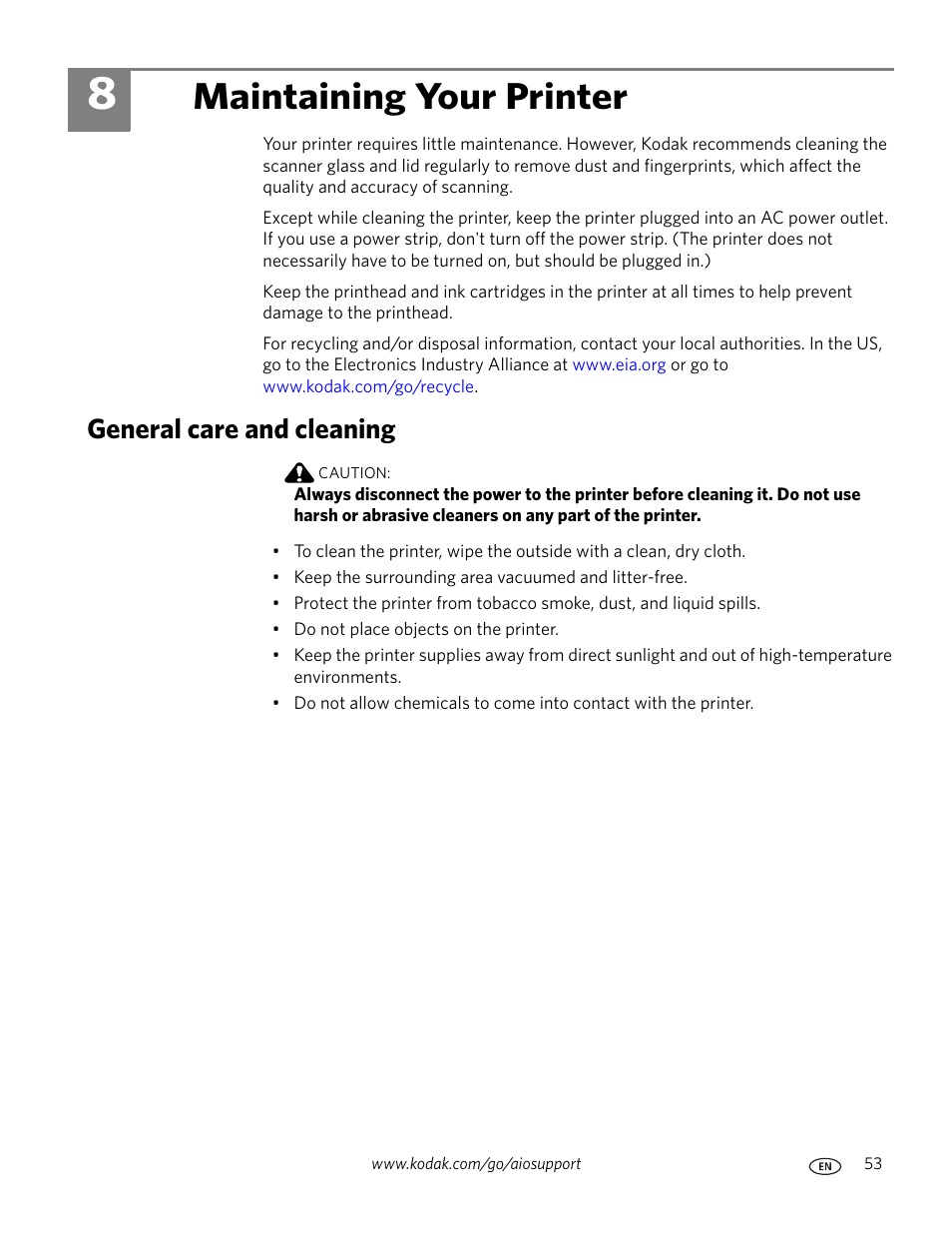 Maintaining your printer, General care and cleaning, 8 maintaining your printer | Kodak ESP Office 6150 User Manual | Page 59 / 94