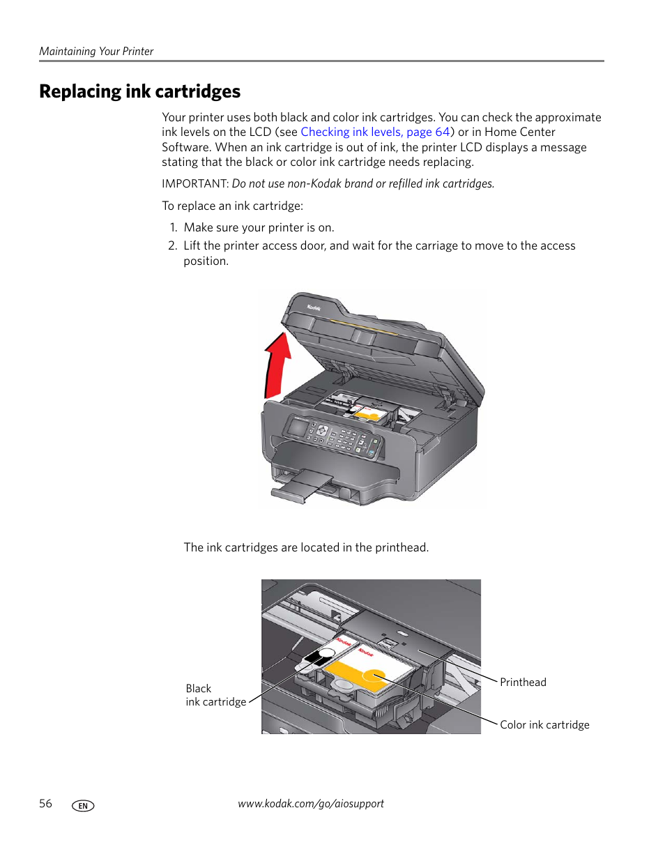 Replacing ink cartridges | Kodak ESP Office 6150 User Manual | Page 62 / 94