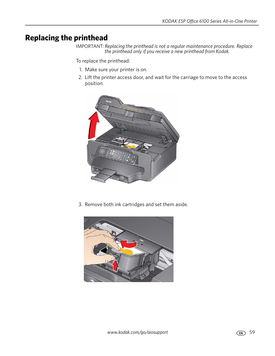 Replacing the printhead | Kodak ESP Office 6150 User Manual | Page 65 / 94
