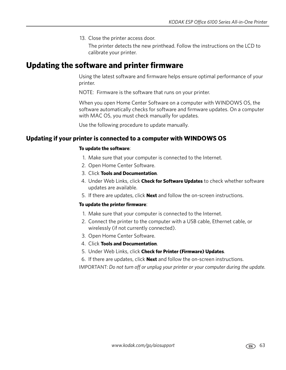 Updating the software and printer firmware | Kodak ESP Office 6150 User Manual | Page 69 / 94