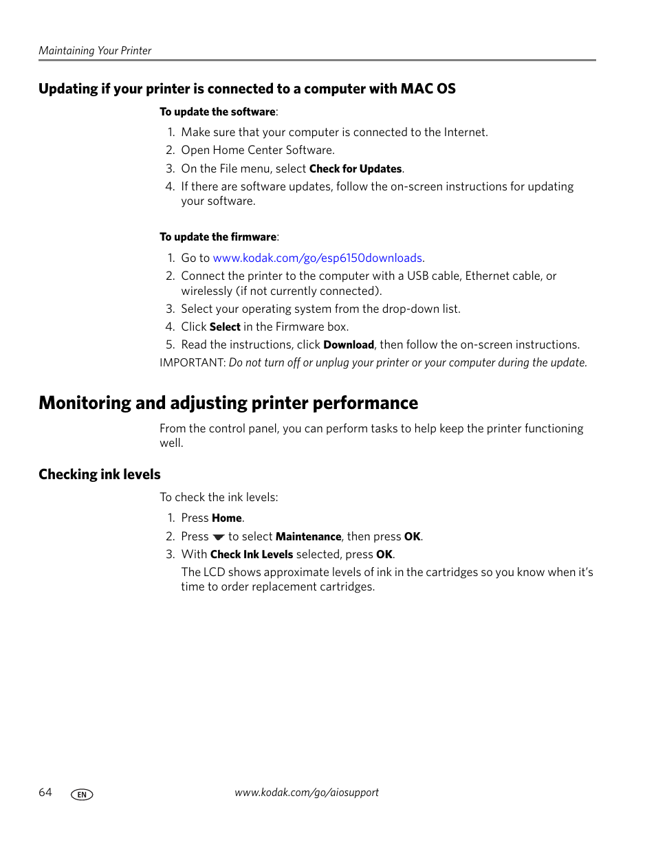 Monitoring and adjusting printer performance, Checking ink levels | Kodak ESP Office 6150 User Manual | Page 70 / 94