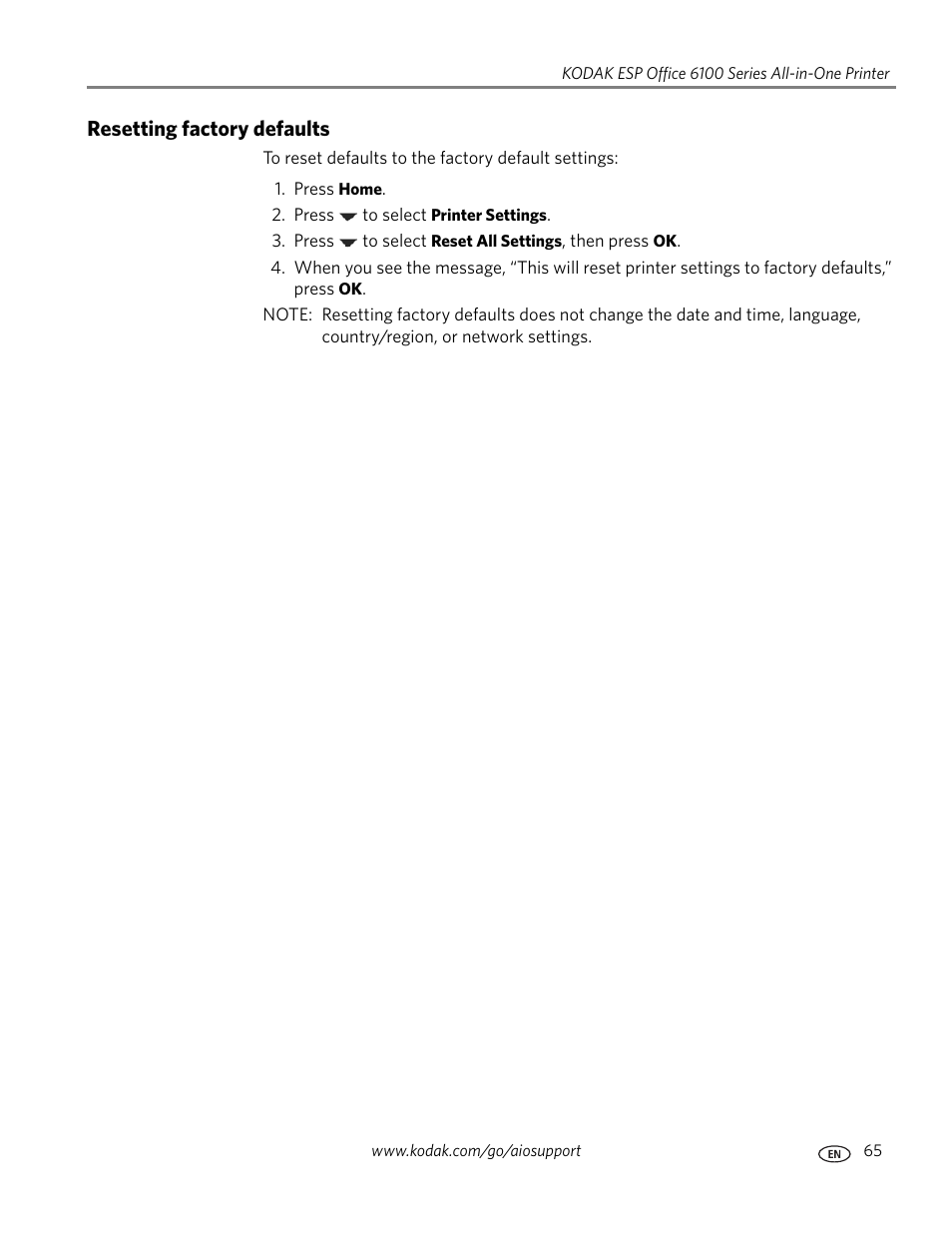 Resetting factory defaults, Resetting factory, Or def | Kodak ESP Office 6150 User Manual | Page 71 / 94