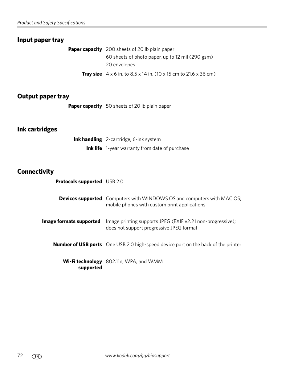 Input paper tray, Output paper tray, Ink cartridges | Connectivity | Kodak ESP Office 6150 User Manual | Page 78 / 94