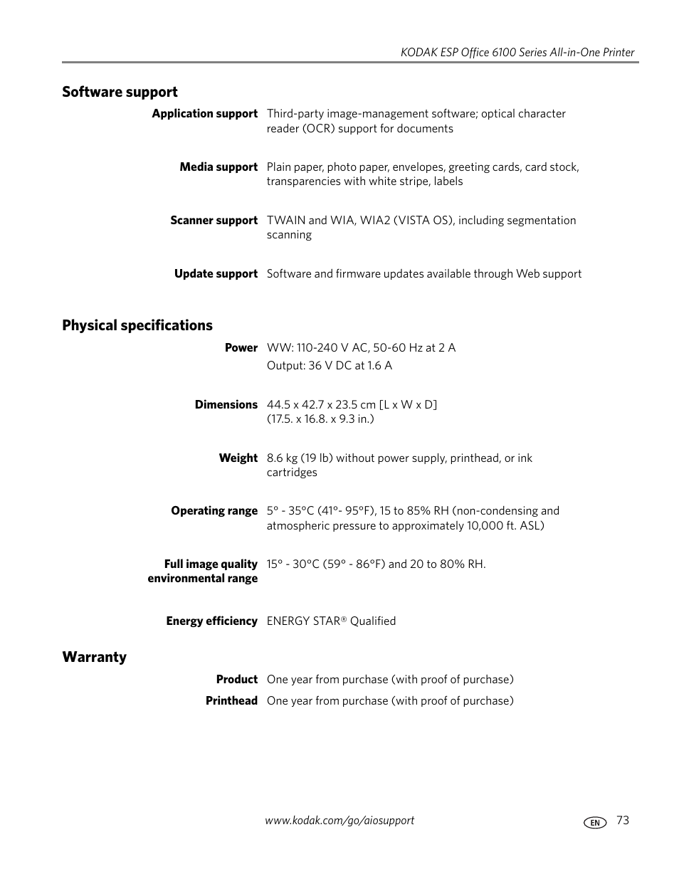 Software support, Physical specifications, Warranty | Software support physical specifications warranty | Kodak ESP Office 6150 User Manual | Page 79 / 94