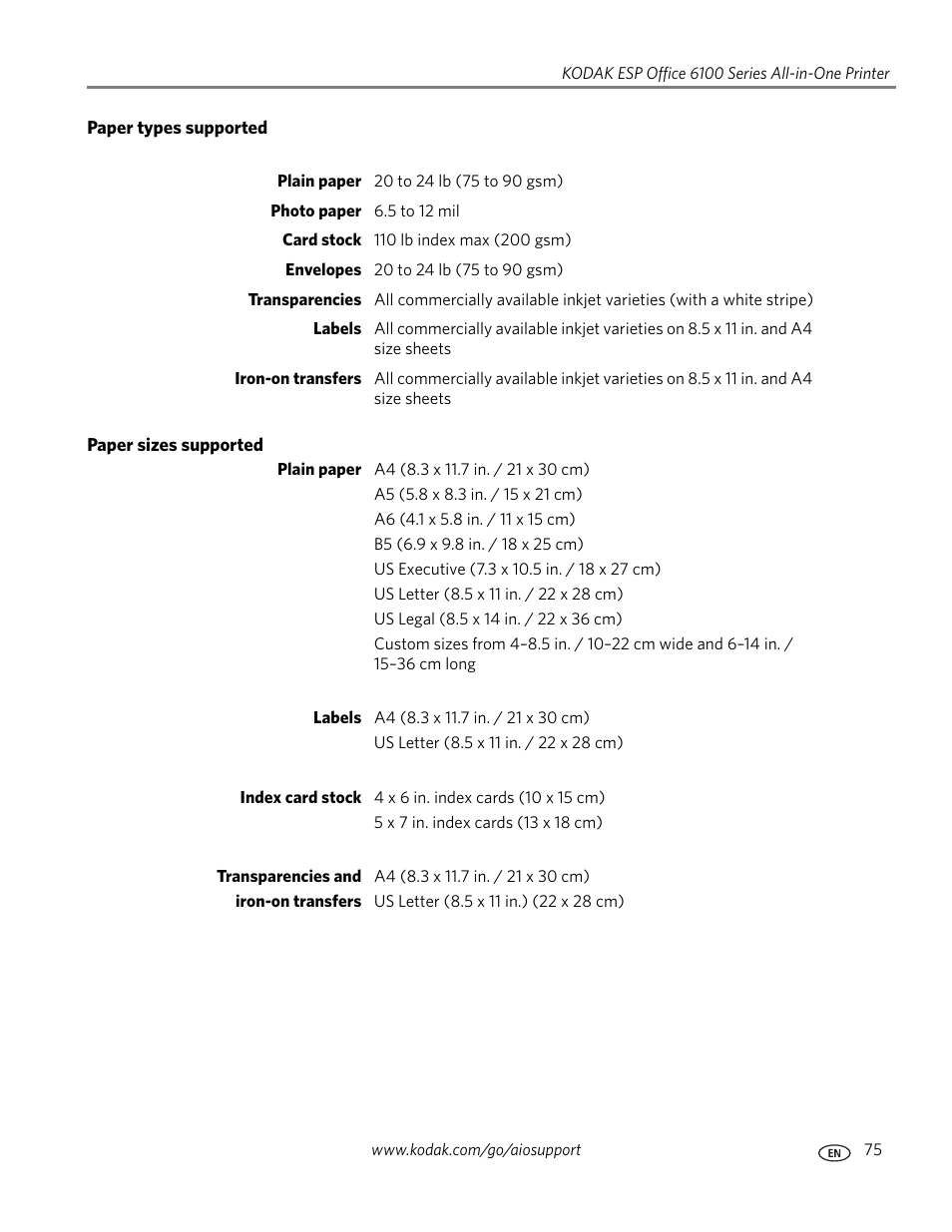 Paper types supported, Paper sizes supported | Kodak ESP Office 6150 User Manual | Page 81 / 94