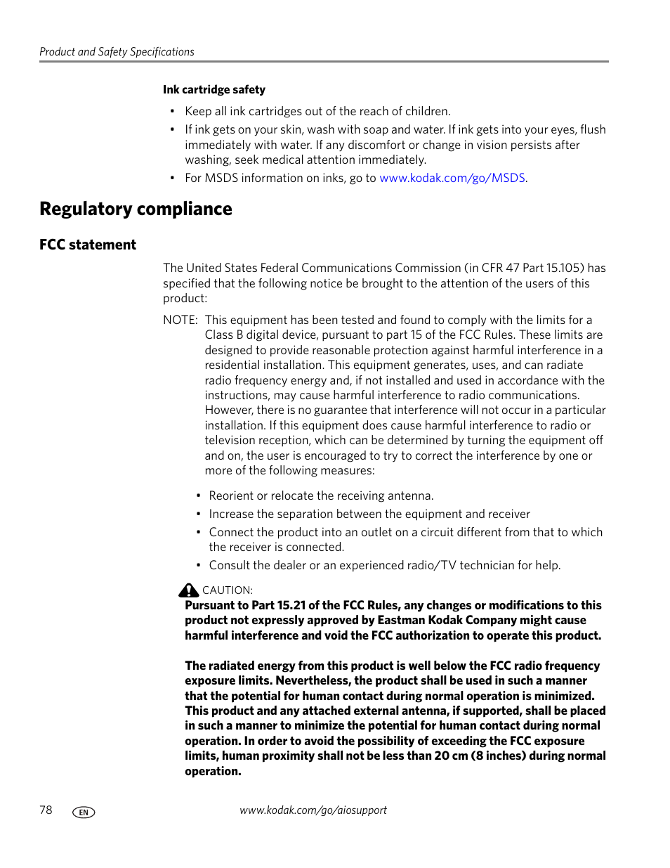 Regulatory compliance, Fcc statement | Kodak ESP Office 6150 User Manual | Page 84 / 94