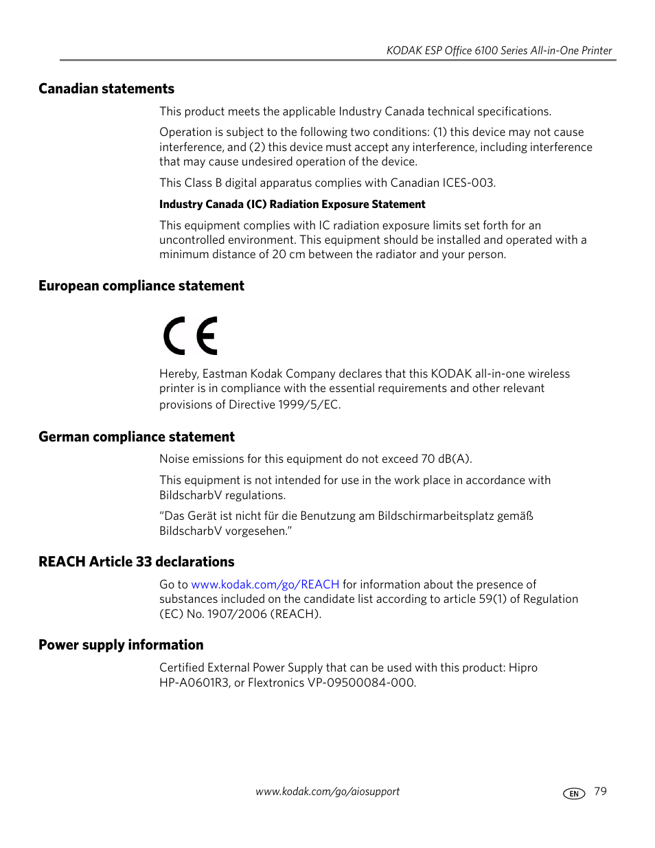 Canadian statements, European compliance statement, German compliance statement | Reach article 33 declarations, Power supply information | Kodak ESP Office 6150 User Manual | Page 85 / 94