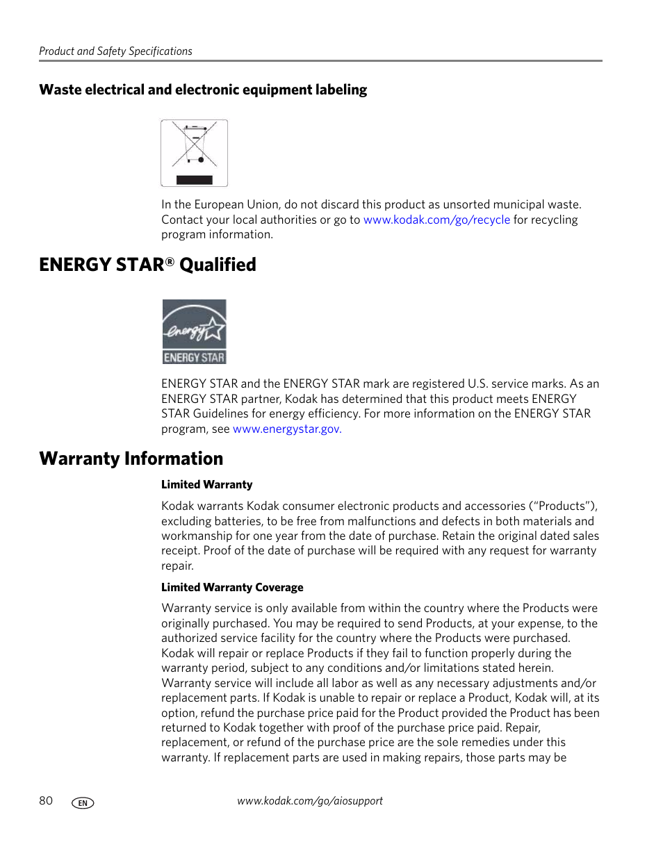 Waste electrical and electronic equipment labeling, Energy star® qualified, Warranty information | Energy star® qualified warranty information | Kodak ESP Office 6150 User Manual | Page 86 / 94