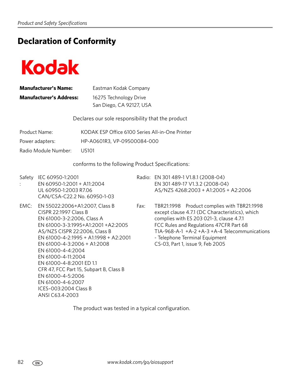 Declaration of conformity | Kodak ESP Office 6150 User Manual | Page 88 / 94