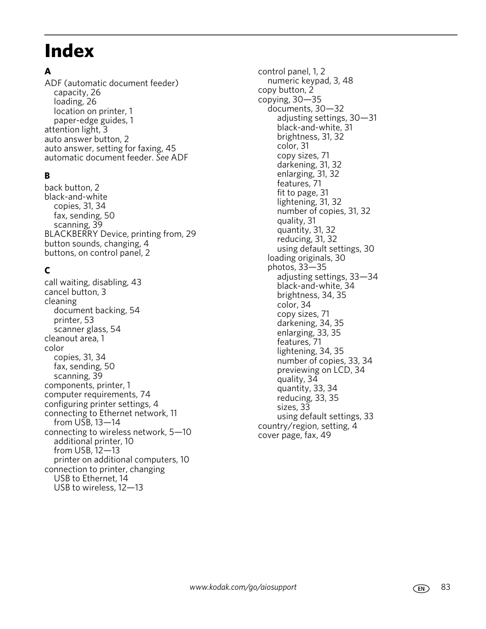 Index | Kodak ESP Office 6150 User Manual | Page 89 / 94