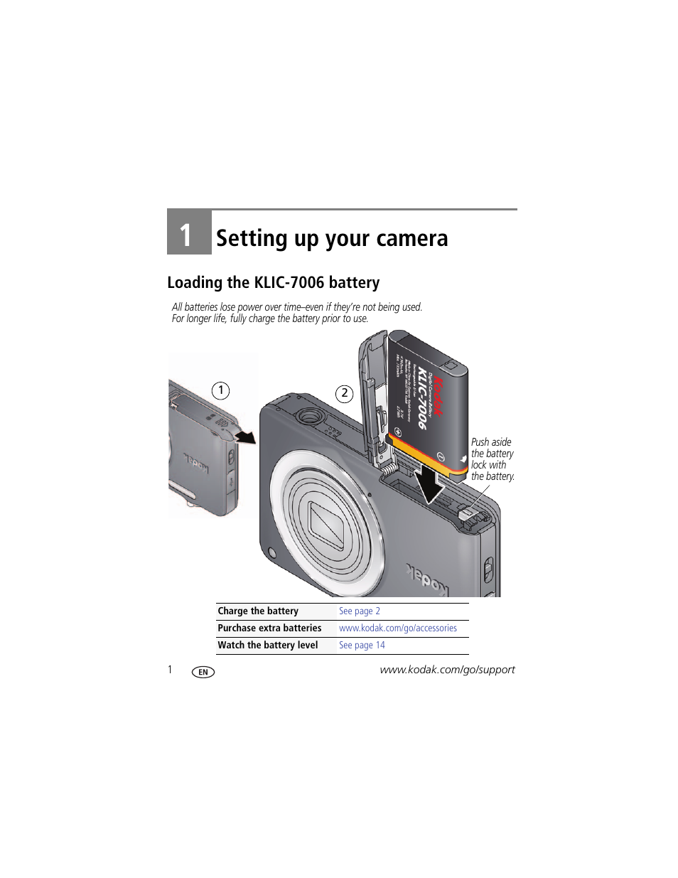 Setting up your camera, Loading the klic-7006 battery, 1 setting up your camera | Kodak TOUCH M5370 User Manual | Page 10 / 81