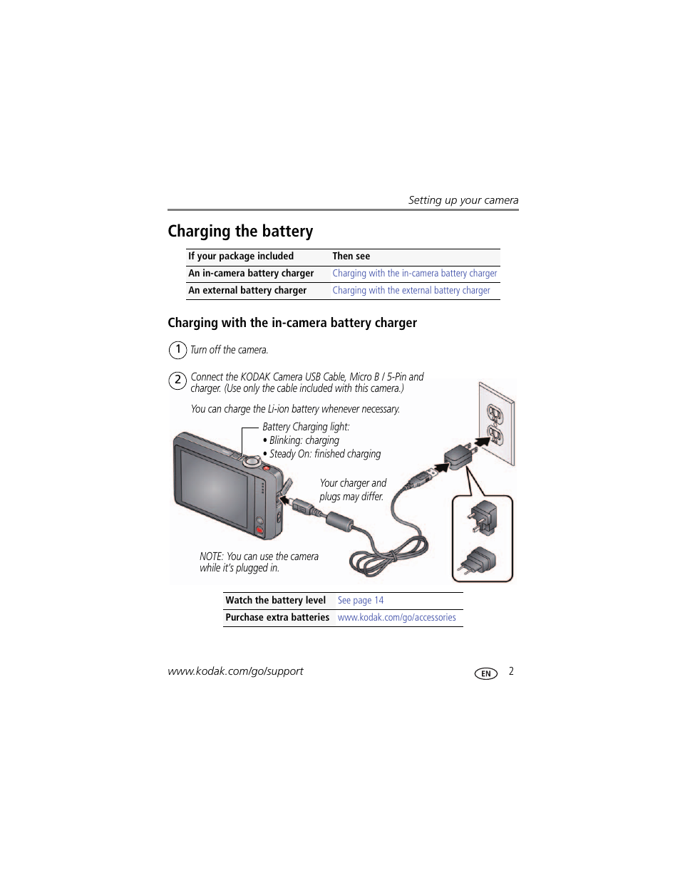 Charging with the in-camera battery charger, Charging the battery | Kodak TOUCH M5370 User Manual | Page 11 / 81