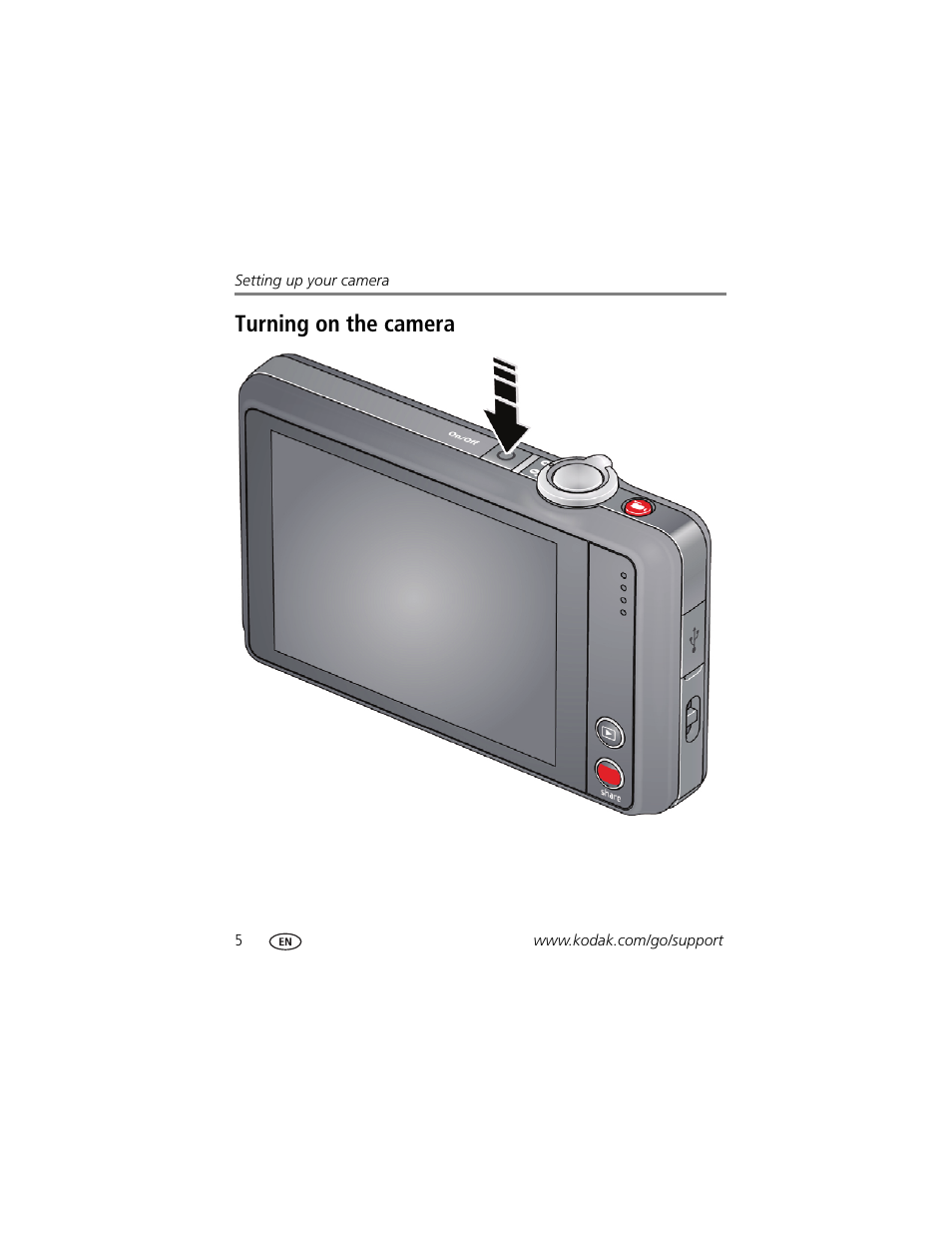 Turning on the camera | Kodak TOUCH M5370 User Manual | Page 14 / 81