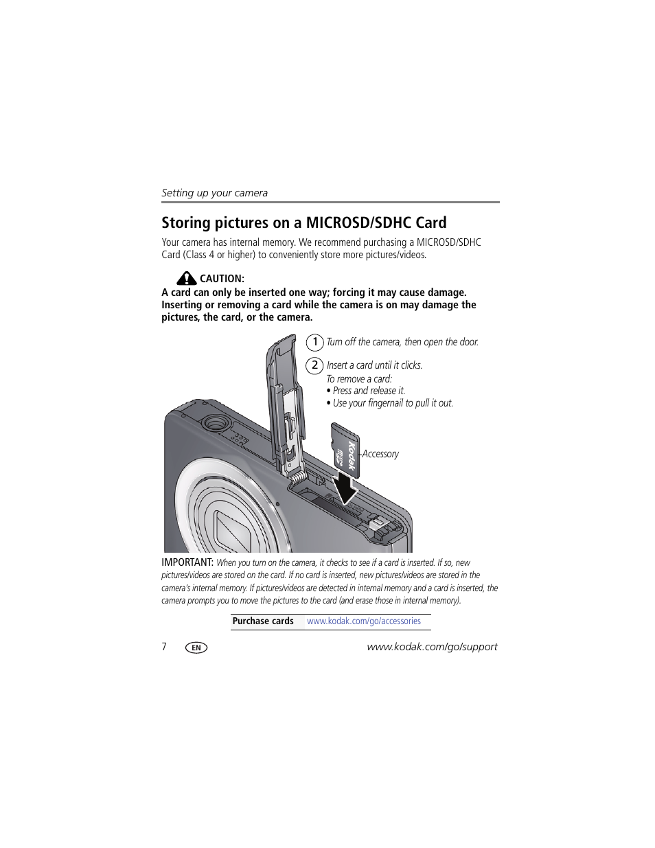 Storing pictures on a microsd/sdhc card | Kodak TOUCH M5370 User Manual | Page 16 / 81