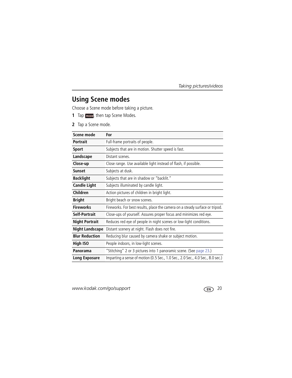 Using scene modes | Kodak TOUCH M5370 User Manual | Page 29 / 81