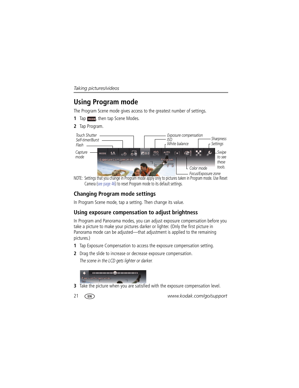Changing program mode settings, Using exposure compensation to adjust brightness, Using program mode | Kodak TOUCH M5370 User Manual | Page 30 / 81