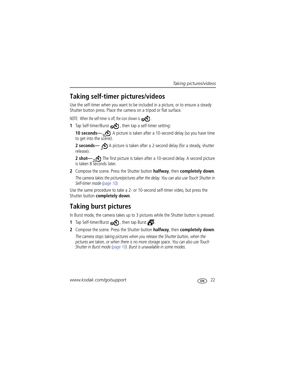 Taking burst pictures, Taking self-timer pictures/videos | Kodak TOUCH M5370 User Manual | Page 31 / 81