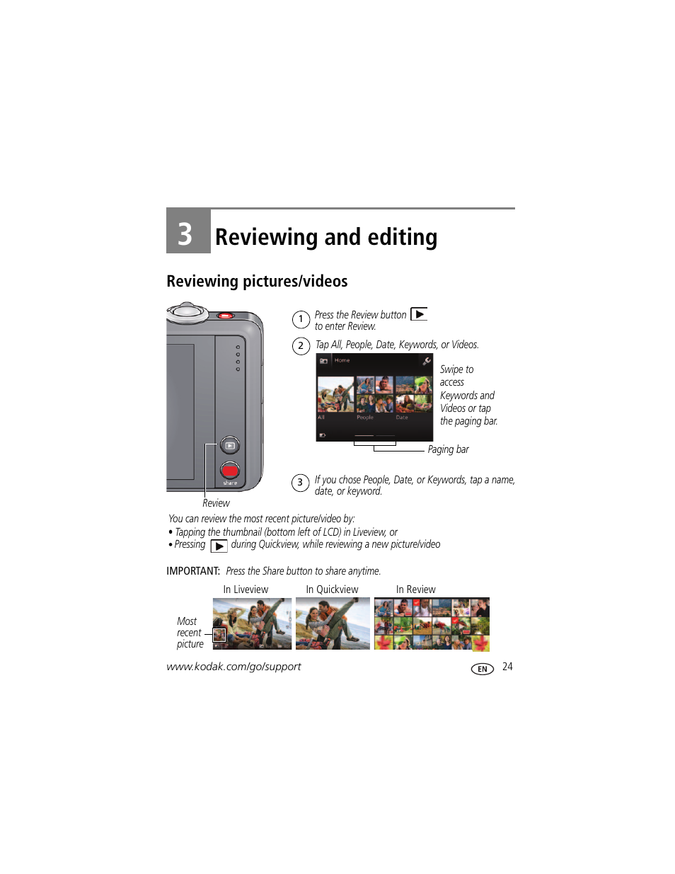 Reviewing and editing, Reviewing pictures/videos, 3 reviewing and editing | Kodak TOUCH M5370 User Manual | Page 33 / 81