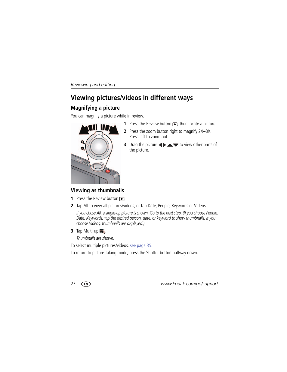 Magnifying a picture, Viewing as thumbnails, Viewing pictures/videos in different ways | Kodak TOUCH M5370 User Manual | Page 36 / 81