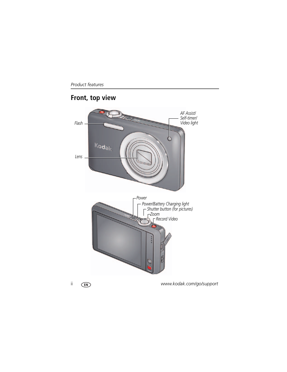 Product features, Front, top view | Kodak TOUCH M5370 User Manual | Page 4 / 81
