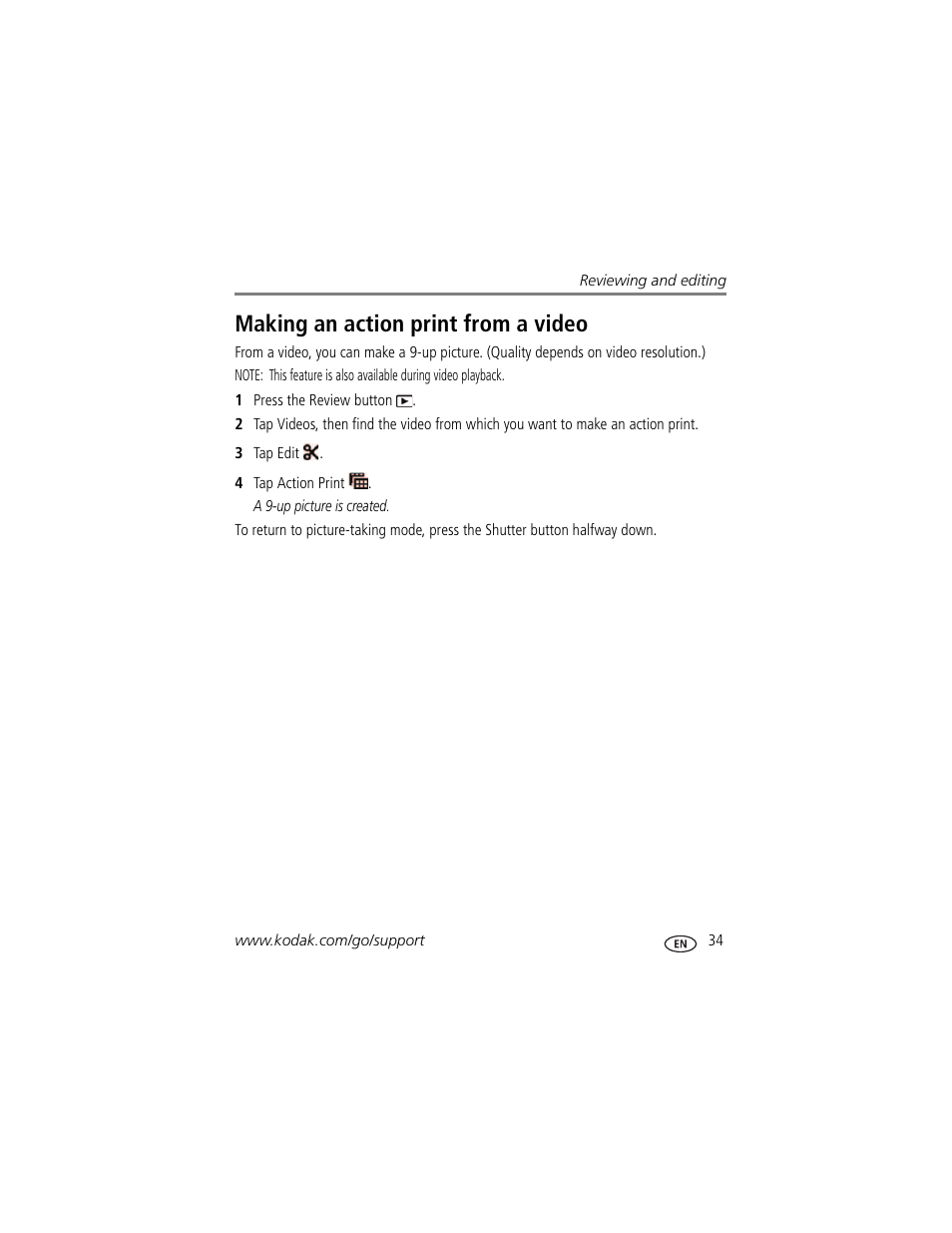 Making an action print from a video | Kodak TOUCH M5370 User Manual | Page 43 / 81