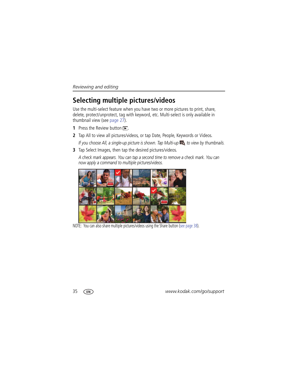 Selecting multiple pictures/videos | Kodak TOUCH M5370 User Manual | Page 44 / 81