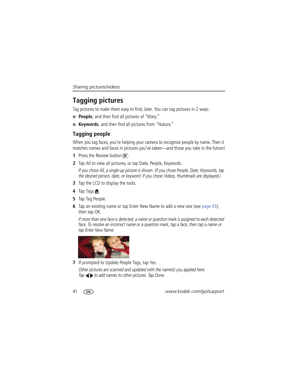 Tagging people, Tagging pictures, Tagging | Kodak TOUCH M5370 User Manual | Page 50 / 81