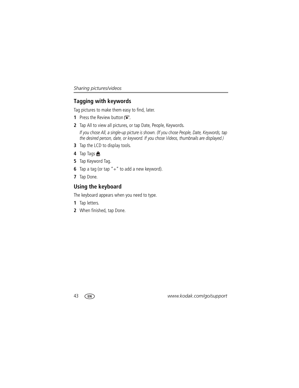 Using the keyboard | Kodak TOUCH M5370 User Manual | Page 52 / 81