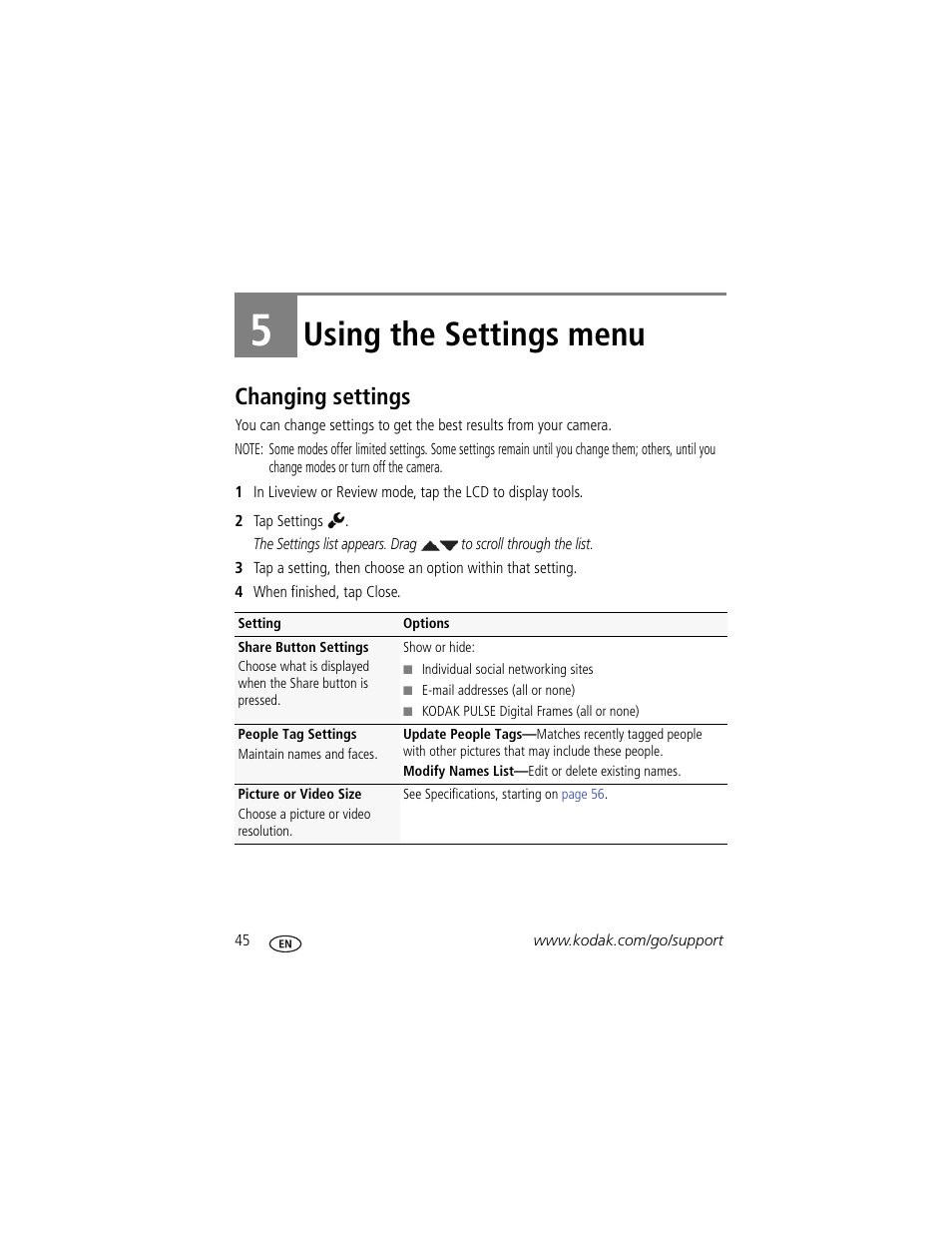 Using the settings menu, Changing settings, 5 using the settings menu | Kodak TOUCH M5370 User Manual | Page 54 / 81