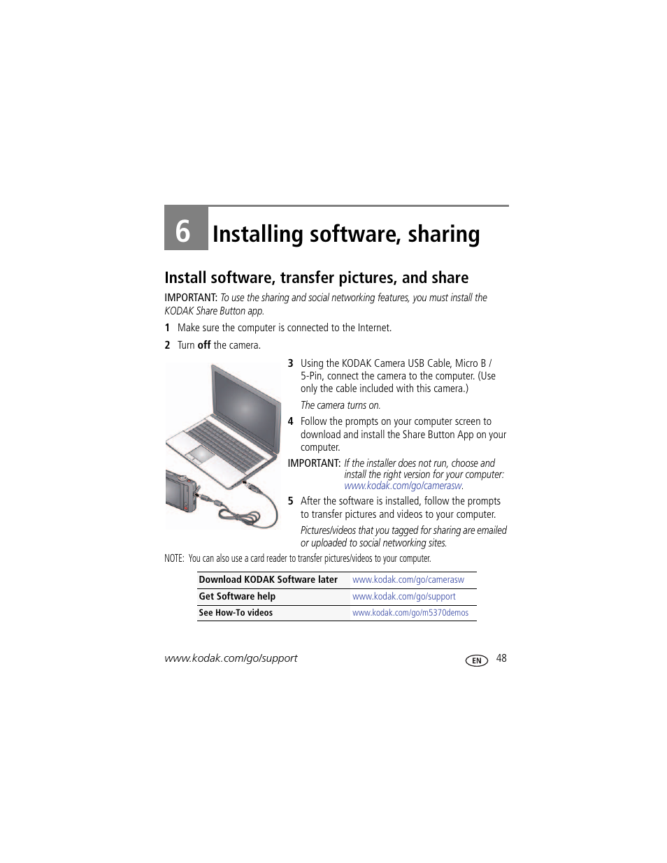 Installing software, sharing, Install software, transfer pictures, and share, 6 installing software, sharing | Kodak TOUCH M5370 User Manual | Page 57 / 81