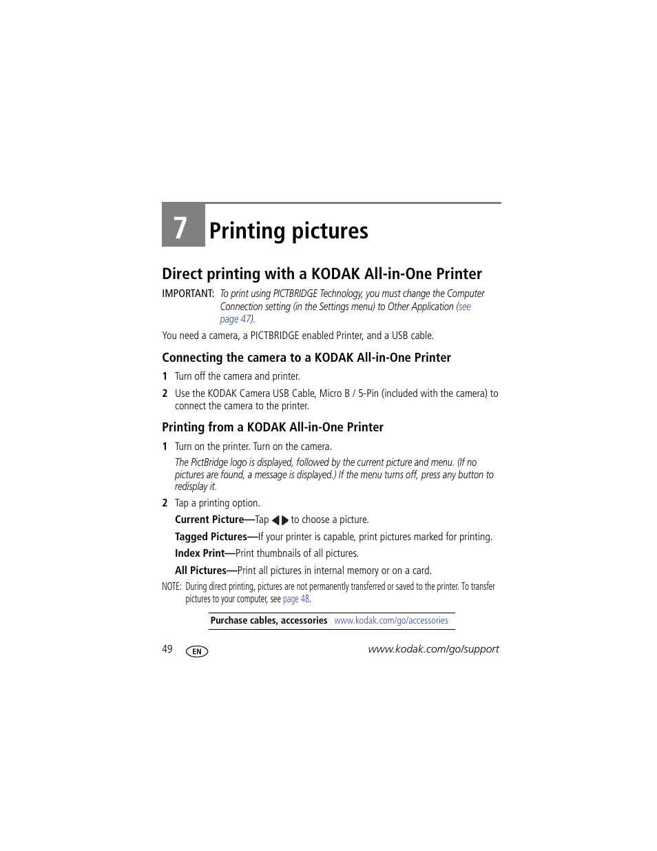 Printing pictures, Direct printing with a kodak all-in-one printer, Printing from a kodak all-in-one printer | 7 printing pictures | Kodak TOUCH M5370 User Manual | Page 58 / 81