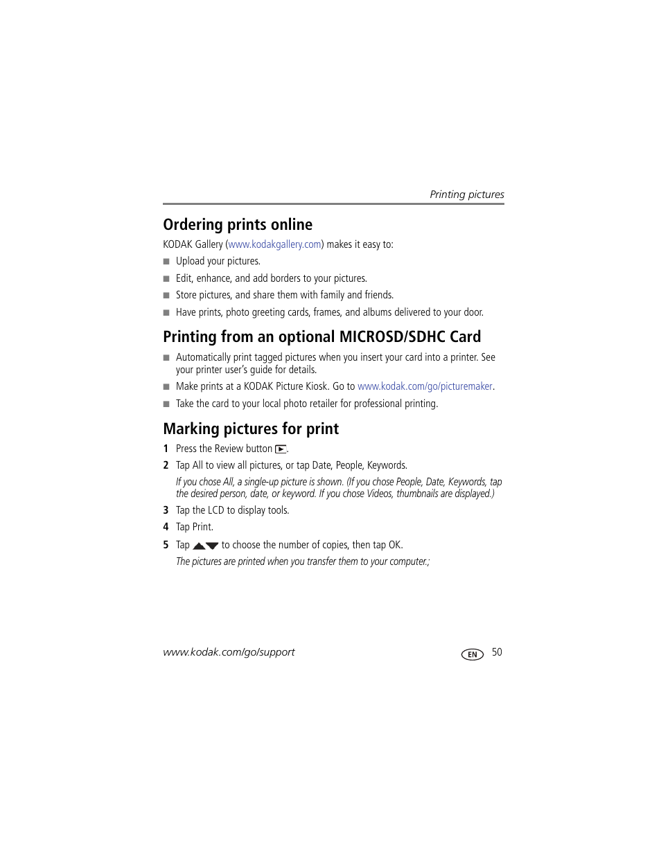 Ordering prints online, Printing from an optional microsd/sdhc card, Marking pictures for print | Kodak TOUCH M5370 User Manual | Page 59 / 81