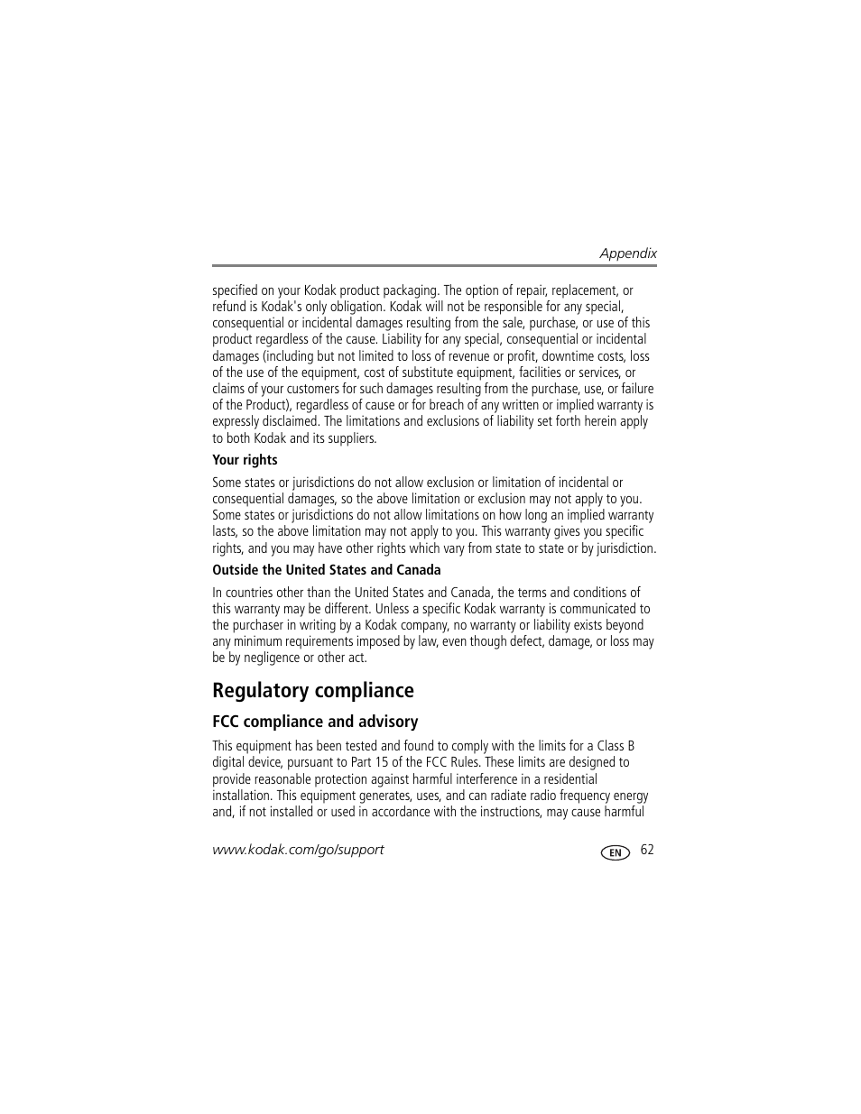 Regulatory compliance, Fcc compliance and advisory | Kodak TOUCH M5370 User Manual | Page 71 / 81