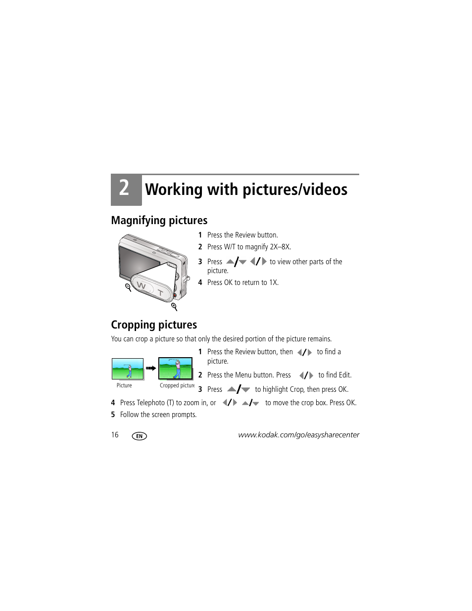 Working with pictures/videos, Magnifying pictures, Cropping pictures | Kodak M893 IS User Manual | Page 16 / 29