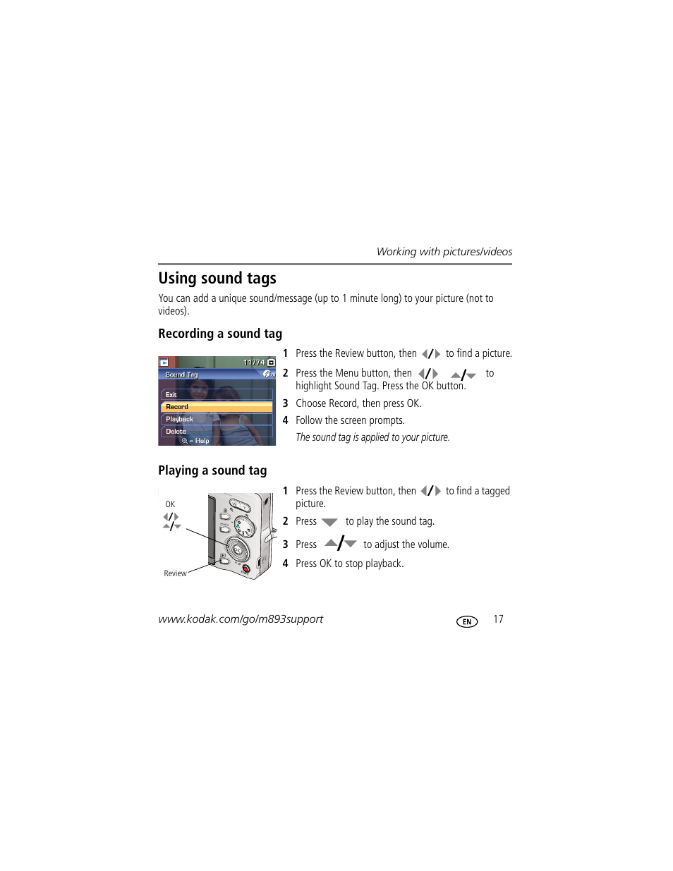 Using sound tags | Kodak M893 IS User Manual | Page 17 / 29