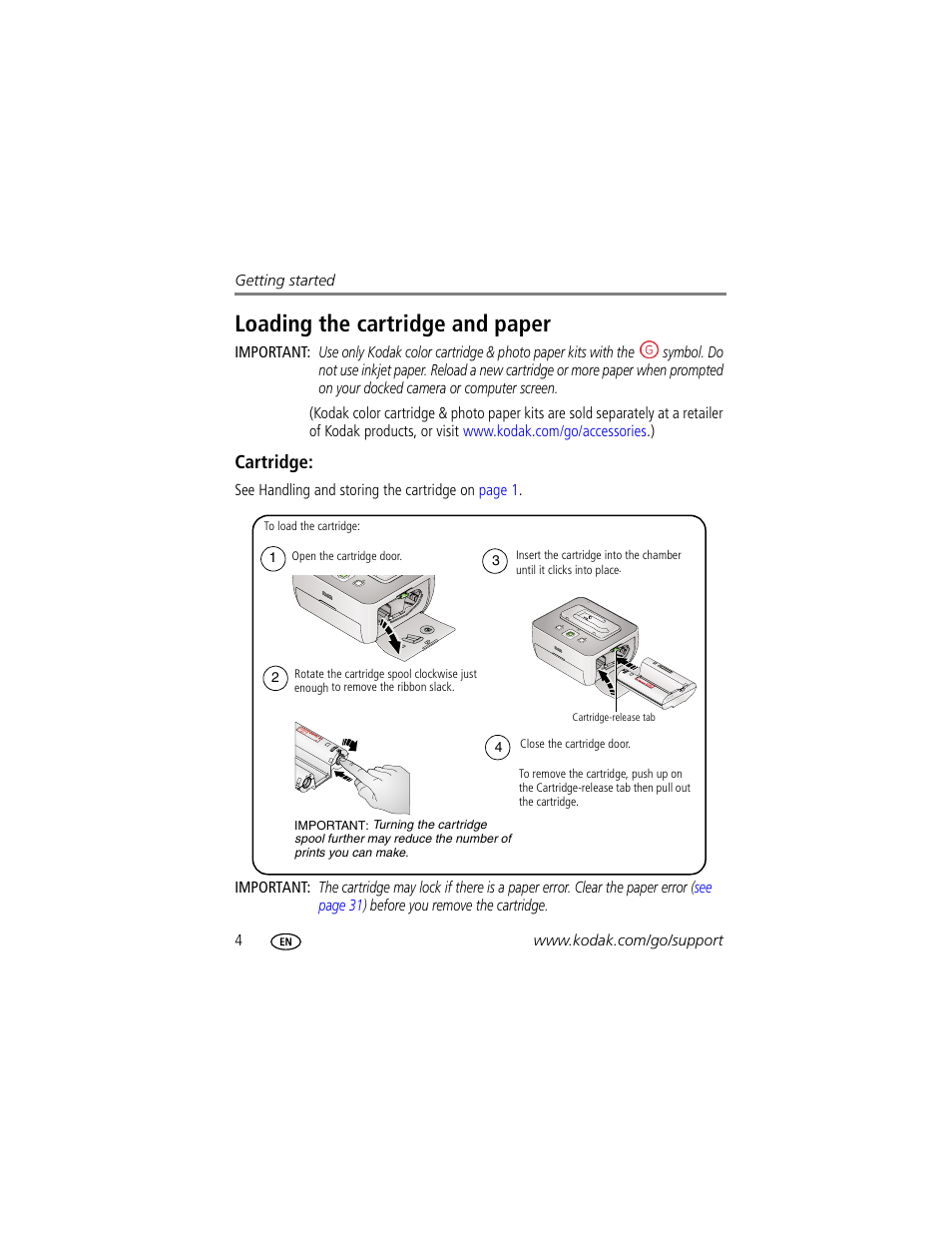 Loading the cartridge and paper, Cartridge | Kodak G610 User Manual | Page 10 / 59