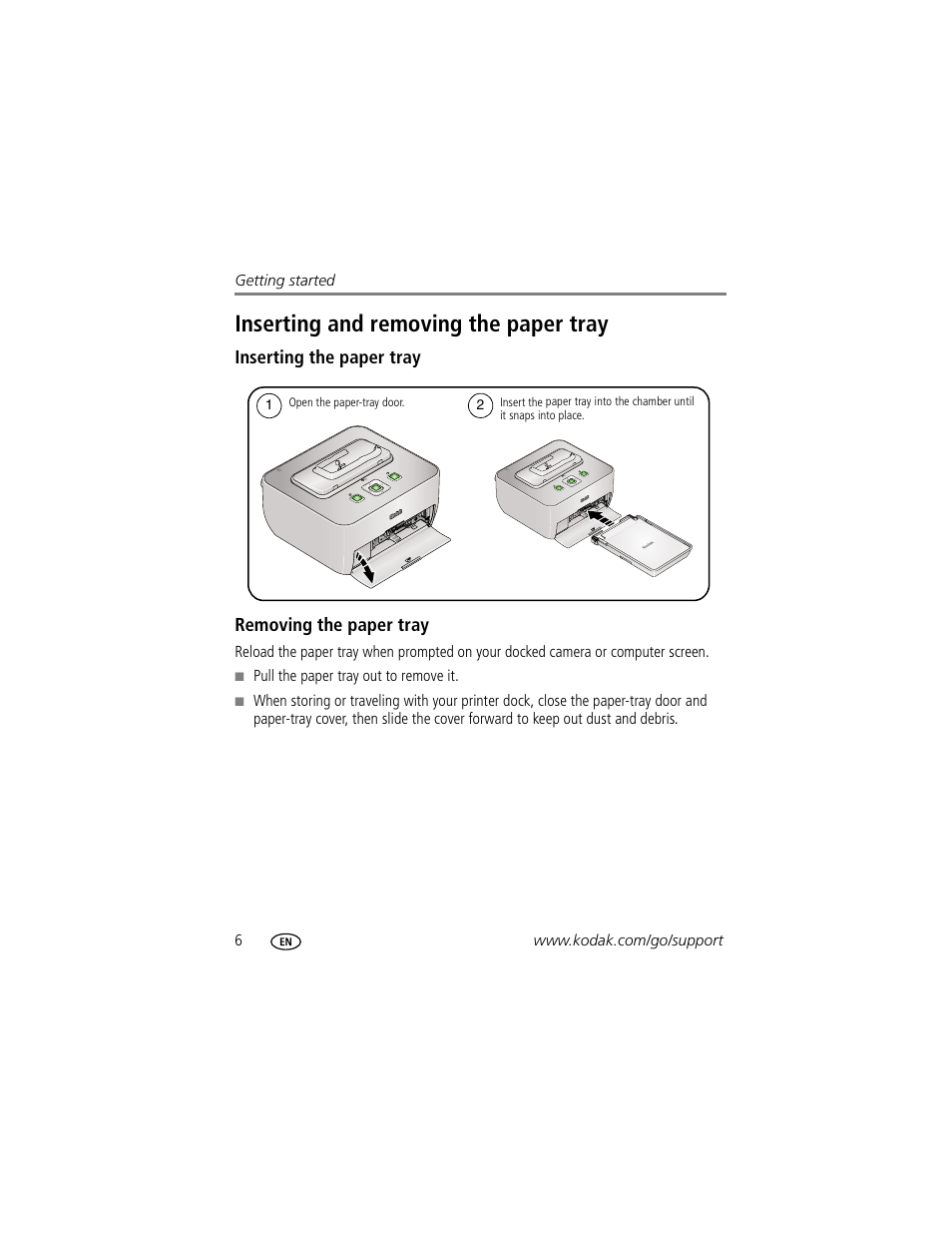 Inserting and removing the paper tray, Inserting the paper tray, Removing the paper tray | Kodak G610 User Manual | Page 12 / 59