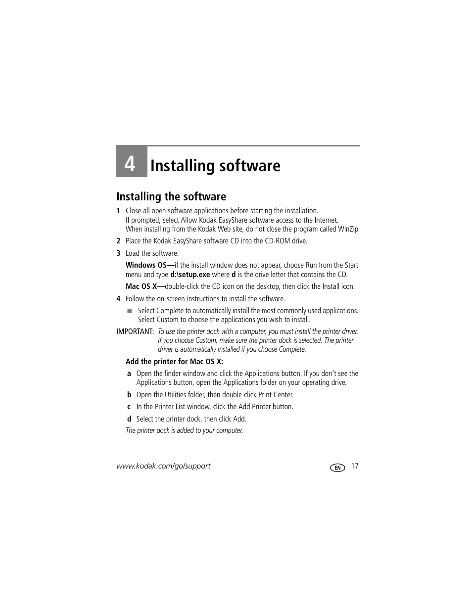 Installing software, Installing the software, 4 installing software | Kodak G610 User Manual | Page 23 / 59