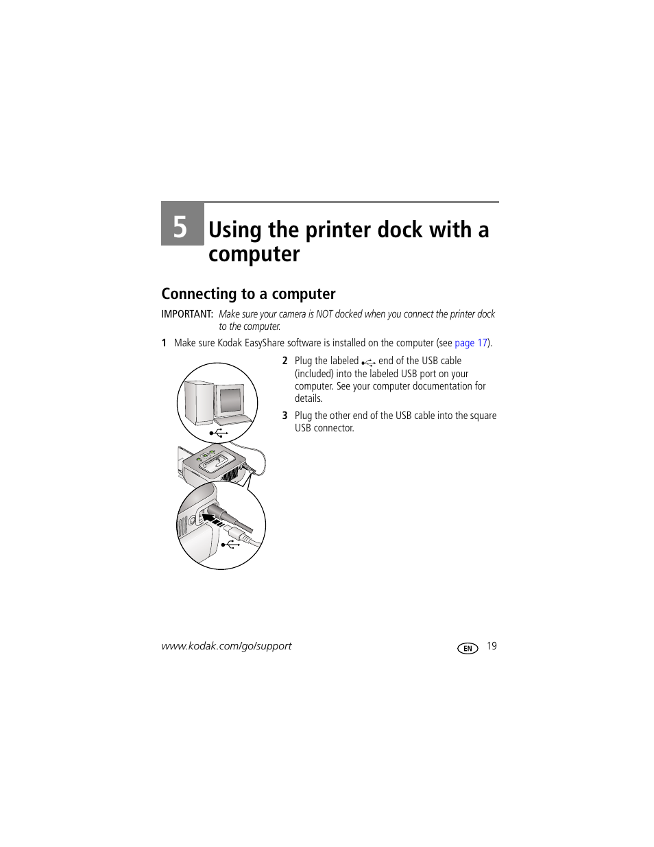 Using the printer dock with a computer, Connecting to a computer, 5 using the printer dock with a computer | Kodak G610 User Manual | Page 25 / 59